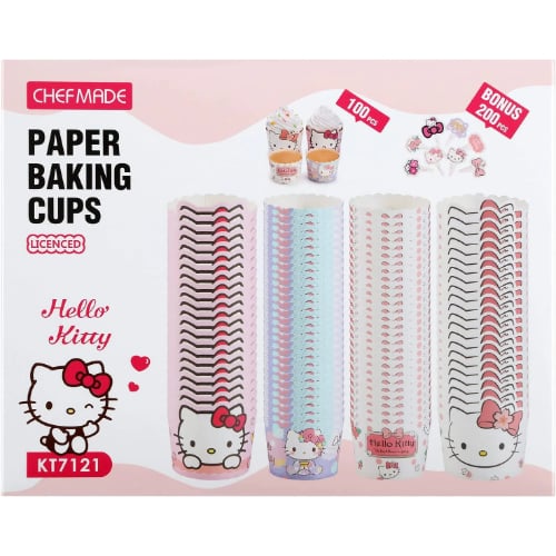Chefmade Hello Kitty Paper Baking Cups Set Tags(200Pcs), Cup Ø7X5cm (44Pcs), Cup Ø6X4.5cm (56Pcs)