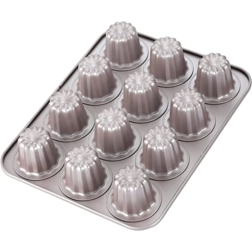 Chefmade Master Non-Stick 12 Cup Canele Mould L32.5xW25.8xH5cm, Thickness 0.8mm, Champagne Gold