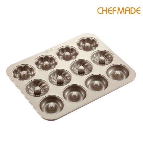 Chefmade Master Non-Stick 12 Cup Donut Pan L32.5xW25.8xH2.2cm, Thickness 0.8mm, Mix Design, Champagne Gold
