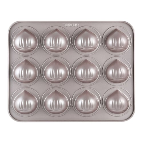 Chefmade Master Non-Stick 12 Cup Chestnut Cake Mould L32.5xW25.8xH3.2cm, Thickness 0.8mm, Champagne Gold