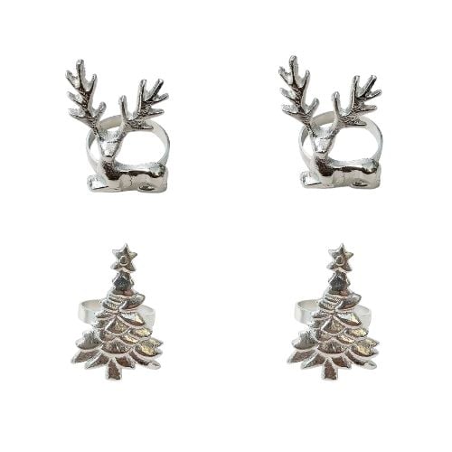 Steelcraft By Safico Set of 4Pcs Aluminium Napkin Ring, 2xXmas Tree, 2xReindeer,Nickel Plated Finish