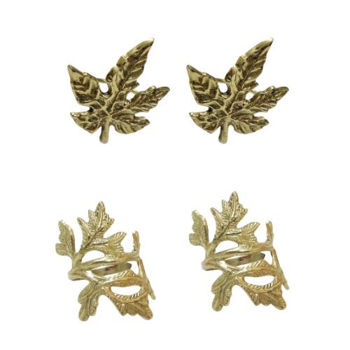 Steelcraft By Safico Set of 4Pcs Brass Napkin Ring, 2x Assorted Leaves Designs,Shiny Gold Finish