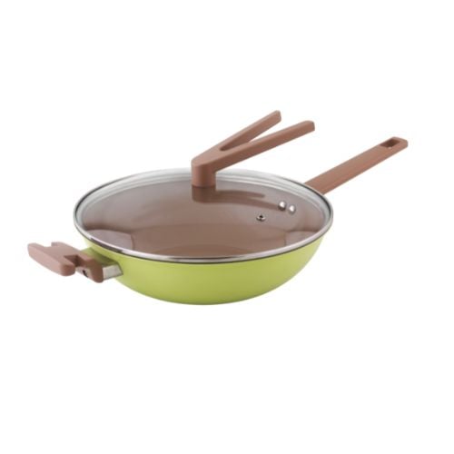 Safico Pro Aluminium Nonstick Ceramic Induction Usable Wokpan With Standable Handle Ø28xH8cm, Green,