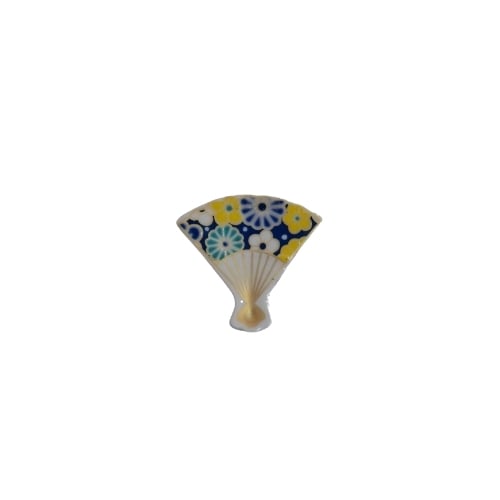 Ceramic Fan Shaped Chopstick Rest L4xW4.5xH0.6cm, Blue & Yellow With Floral Design