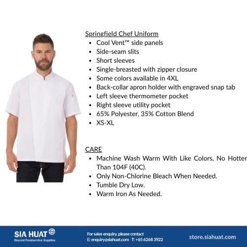 Chefworks Polycotton Short Sleeve Essential Chef's Uniform Springfield, With Single Breasted Separating Zipper M