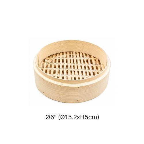 Shallow Bamboo Steamer With Woven Rattan Base Ø6" (Ø15.2xH5cm)