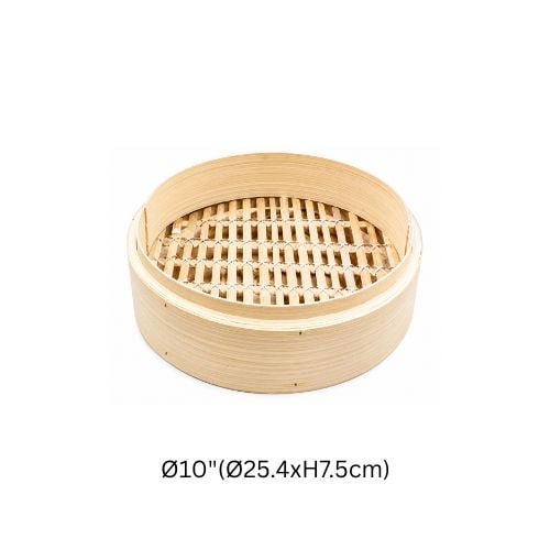 Bamboo Steamer With Woven Rattan Base Ø10"(Ø25.4xH7.5cm)