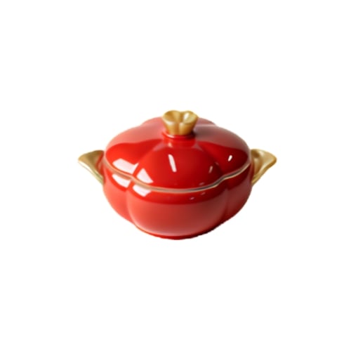 Tesswang Porcelain Soup Tureen With Lid & Gold Knob & Handles Ø18.5xH9.8cm, Red
