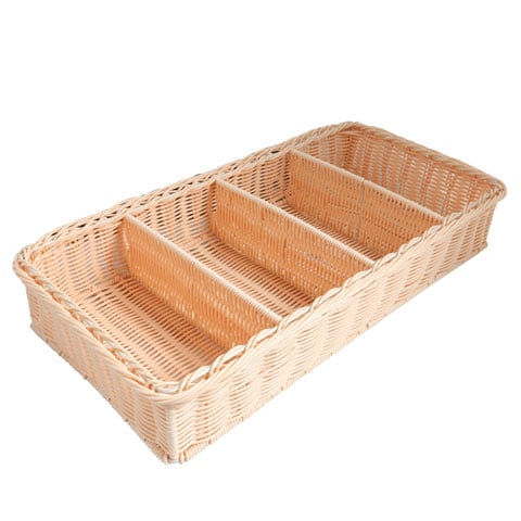 Heavy Duty Poly-Rattan Rectangle 4-Compt Flatware Basket L54xW27xH9cm, Cream