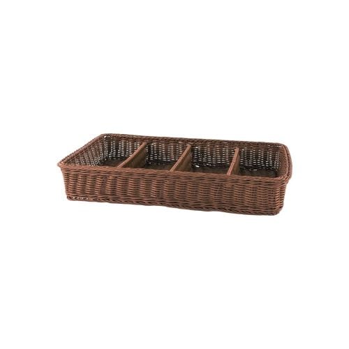 Heavy Duty Poly-Rattan Rectangle 4-Compt Flatware Basket L54xW27xH9cm, Dark Brown