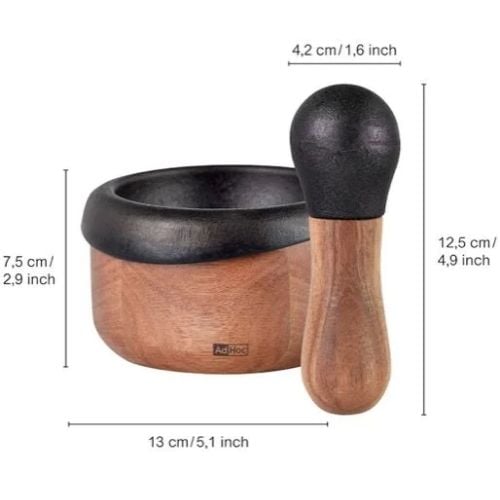 AdHoc Crush Cast Iron Mortar & Pestle With Wooden Handle Ø13x7.5cm, Black & Natural