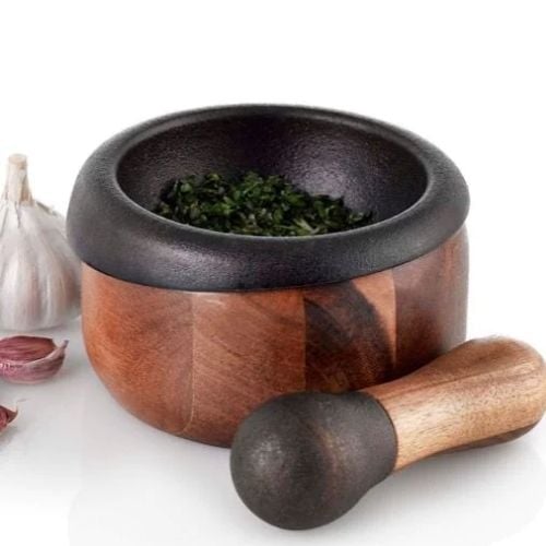 AdHoc Crush Cast Iron Mortar & Pestle With Wooden Handle Ø13x7.5cm, Black & Natural