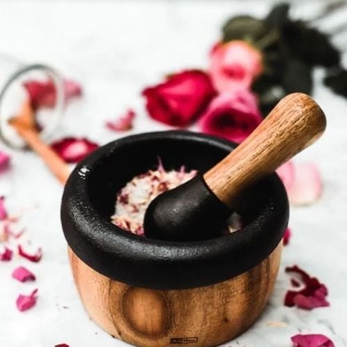 AdHoc Crush Cast Iron Mortar & Pestle With Wooden Handle Ø13x7.5cm, Black & Natural