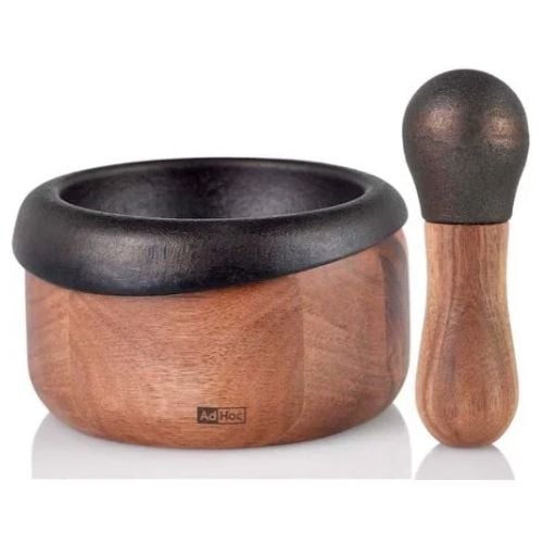 AdHoc Crush Cast Iron Mortar & Pestle With Wooden Handle Ø13x7.5cm, Black & Natural