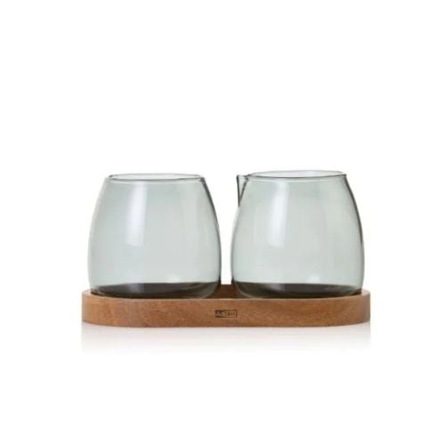 AdHoc Yuna Glass Milk & Sugar Set With Wooden Coaster L16xW8.5xH1.5cm, 2x230ml, Glass Grey