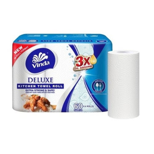 Vinda 2-Ply Kitchen Towel L22.4xW21.5cm, 60Sheets/Roll, 6Rolls/Pkt, 4Pkts/Ctn, Deluxe