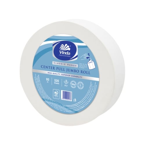 Vinda Pro 2-Ply Centre Pull Jumbo Roll Toilet Paper L18xW13cm, 520Sheets/Roll, 93M/Roll, 18Rolls/Ctn