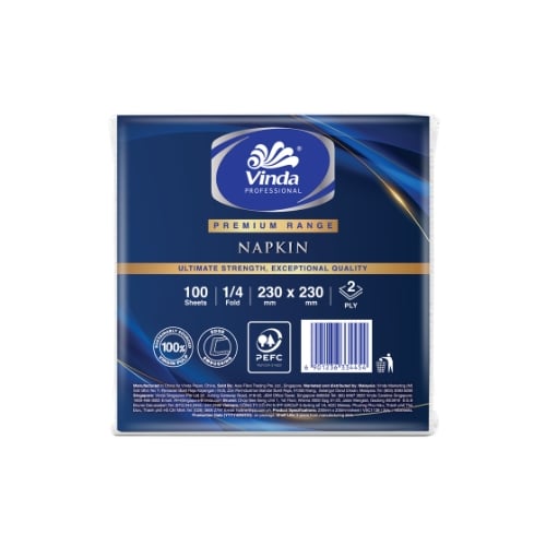 Vinda 1/4 Fold 2-Ply Napkin L23xW23cm, 100Sheets/Pkt, 64Pkts/Ctn,Vinda