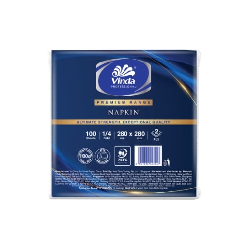 Vinda 1/4 Fold 2-Ply Napkin L28xW28cm, 100Sheets/Pkts, 48Pkts/Ctn