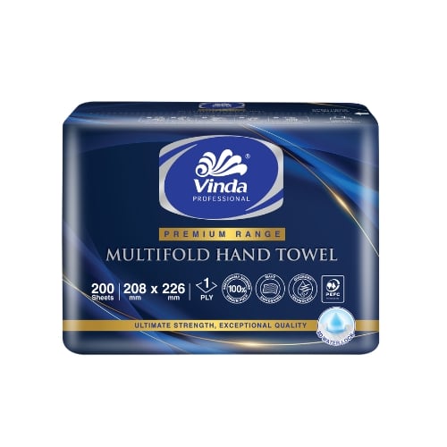 Vinda M-Fold 1-Ply Hand Towel L20.8xW22.6cm, 200Sheets/Pkt , 20Pkts/Ctn