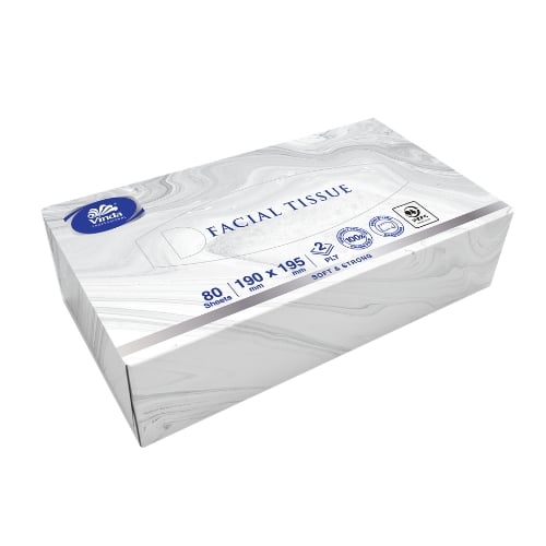 Vinda 2-Ply Facial Tissue L19xW19.5cm, Box Size: L20.5xW11xH4.8cm, 80Sheets/Pkt, 80Pkts/Ctn, Flat Box