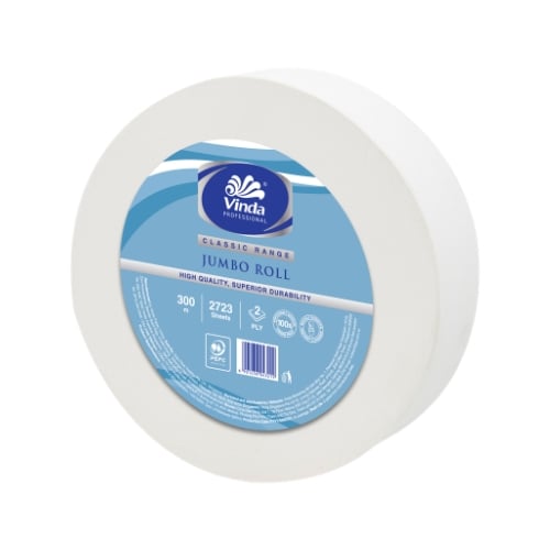 Vinda 2-Ply Jumbo Roll Toilet Paper L11.2xW9.5cm, 2723Sheets/Roll, 300M/Roll, 16Rolls/Ctn