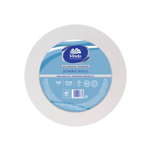 Vinda 2-Ply Jumbo Roll Toilet Paper L11.2xW9.5cm, 2143Sheets/Roll, 240M/Roll, 12Rolls/Ctn