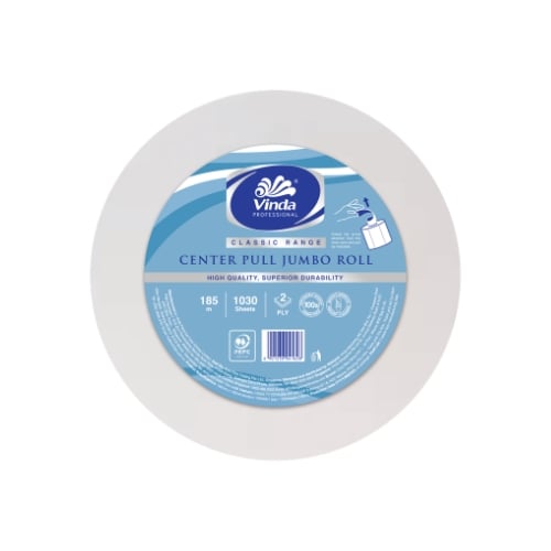 Vinda Pro 2-Ply Centre Pull Jumbo Roll Toilet Paper 1030 Sheets/Roll, 185M/Roll, 12Rolls/Ctn