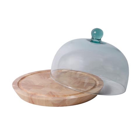 WOODEN ROUND CHEESE BOARD with GLASS DOME LID