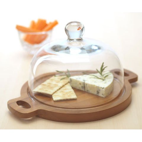 WOODEN ROUND CHEESE BOARD with GLASS DOME LID