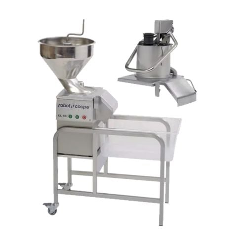 Robot Coupe CL55 Vegetable Preparation Machine With 2 Feed Heads & Wheeled Stand L86.5xW39.6xH127cm, 230V/50Hz/1100W, 1-Phase, 375RPM, ==1 Year Warranty==