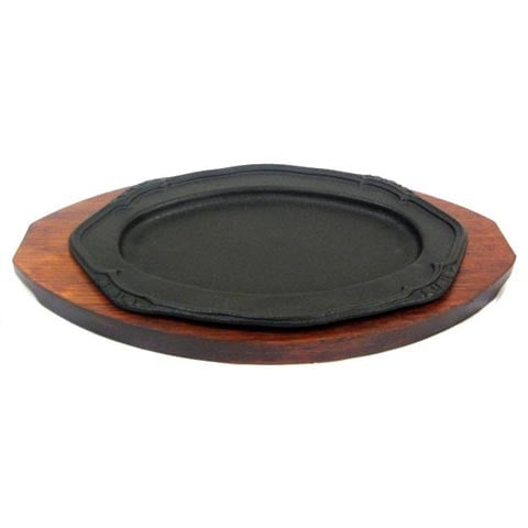 CAST IRON OVAL HOTPLATE, FLORAL WITH WOODEN LINER