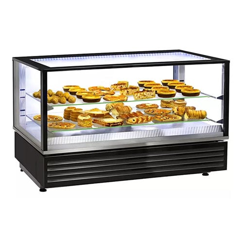 STAINLESS STEEL HORIZONTAL HEATED DISPLAY SHOWCASE WITH 2-LEVELS GLASSSHELVES & LEDLIGHTS