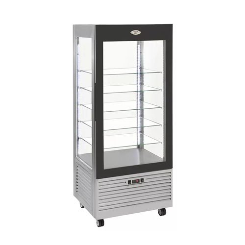 VERTICAL REFRIGERATED DISPLAY WITH LED LIGHT & 5 GLASS SHELVES, L80xW64.5xH185cm , 230V/0.43kW, +2° to +10°C, BLACK, ROLLER GRILL ==1 YEAR WARRANTY==
