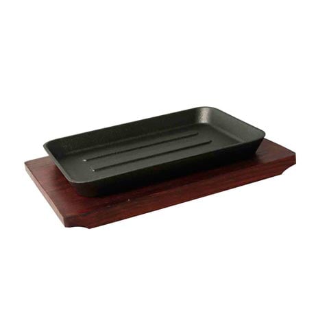 RECTANGULAR CAST IRON HOT PLATE with WOODEN UNDERLINER