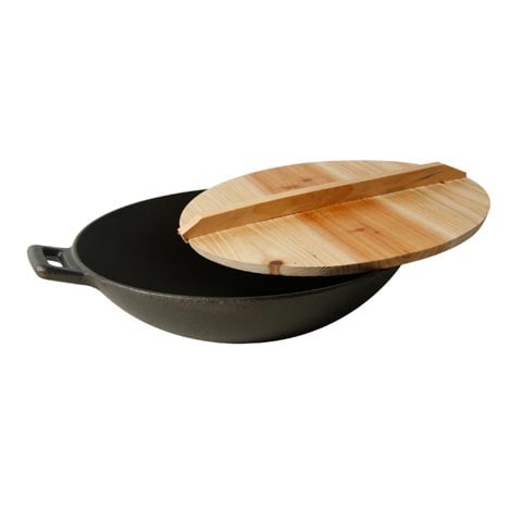 CAST IRON WOK with WOODEN COVER