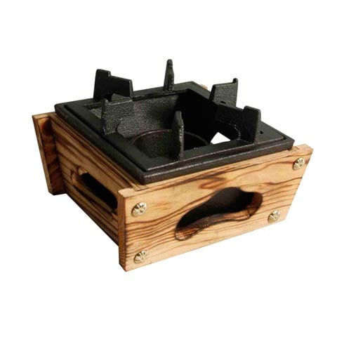 SQUARE CAST IRON STOVE with WOODEN BASE