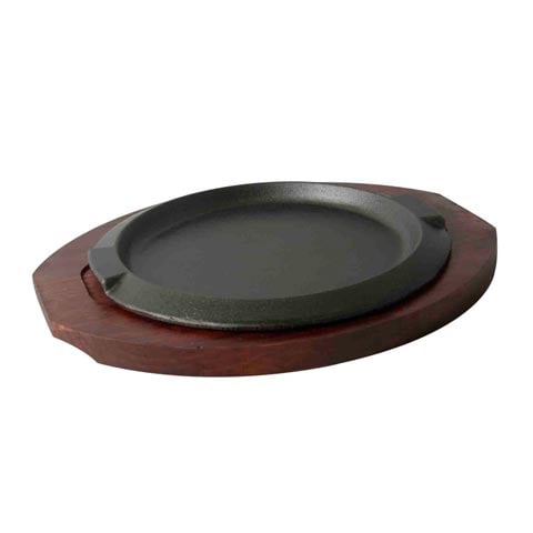 ROUND CAST IRON HOT PLATE with WOODEN UNDERLINER