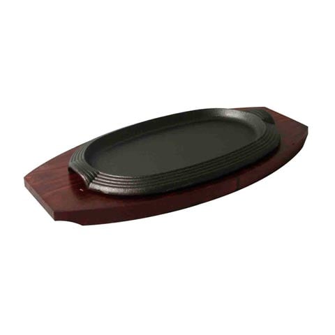 OVAL RIBBED EDGE CAST IRON HOT PLATE with WOODEN UNDERLINER