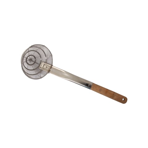 STAINLESS STEEL DEEP NOODLE STRAINER WITH BAMBOO HANDLE