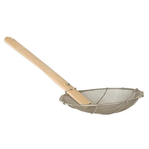 STAINLESS STEEL NOODLE STRAINER SQUARE HOLES WITH BAMBOO HANDLE