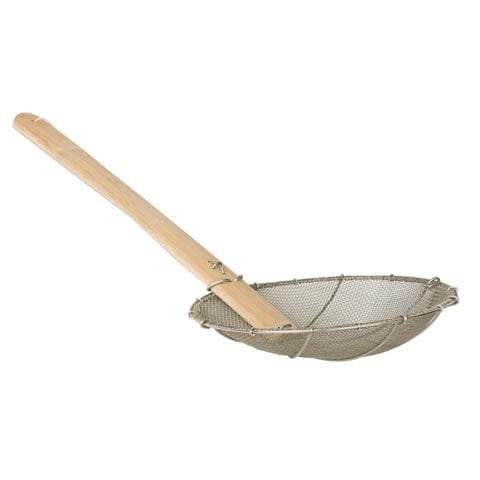 STAINLESS STEEL NOODLE STRAINER SQUARE HOLES WITH BAMBOO HANDLE