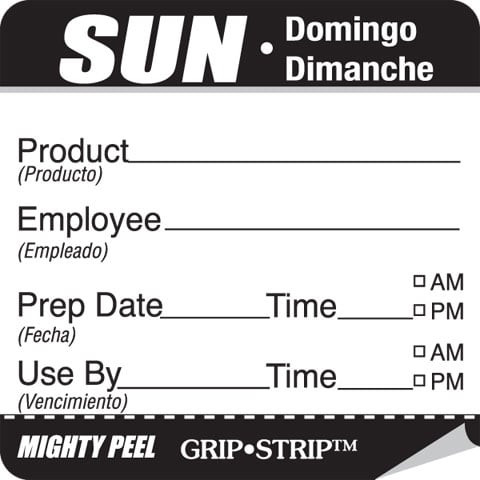 2"X2" Label TRILINGUAL EMP/PREP DATE MIGHTY PEEL with GRIP STRIP