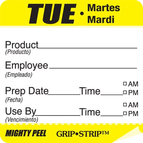 2"X2" Label TRILINGUAL EMP/PREP DATE MIGHTY PEEL with GRIP STRIP