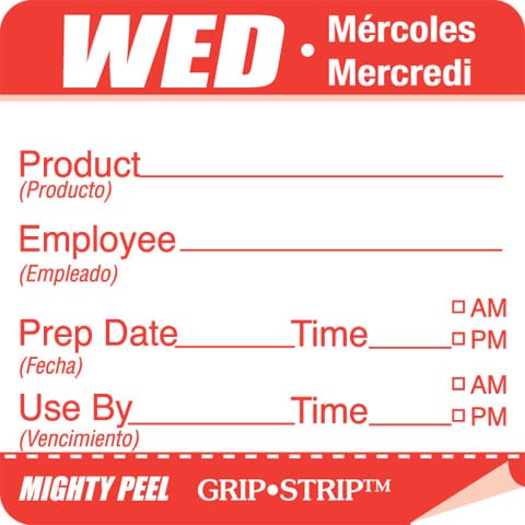 2"X2" Label TRILINGUAL EMP/PREP DATE MIGHTY PEEL with GRIP STRIP