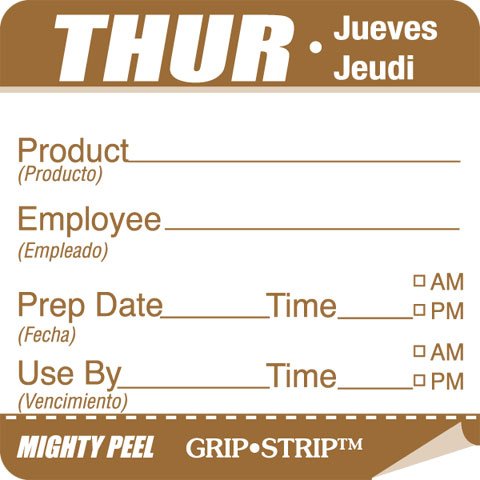 2"X2" Label TRILINGUAL EMP/PREP DATE MIGHTY PEEL with GRIP STRIP