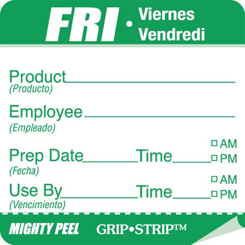 2"X2" Label TRILINGUAL EMP/PREP DATE MIGHTY PEEL with GRIP STRIP