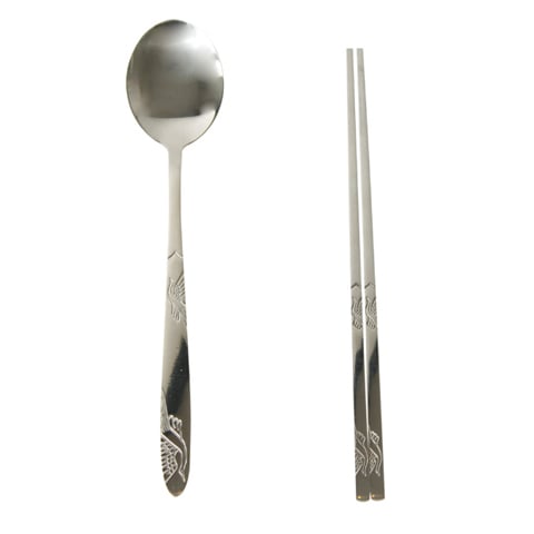 STAINLESS STEEL KOREAN CHOPSTICK & SPOON SET, FLORAL HANDLE