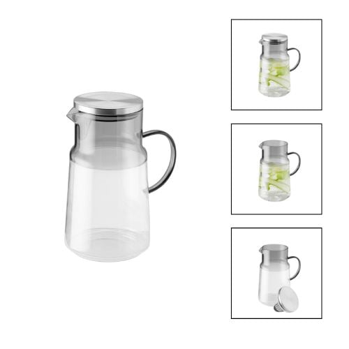 APS Glass Juice And Water Pitcher With Stainless Steel Lid And Integrated Strainer Ø13xH23cm, 2L, Clear