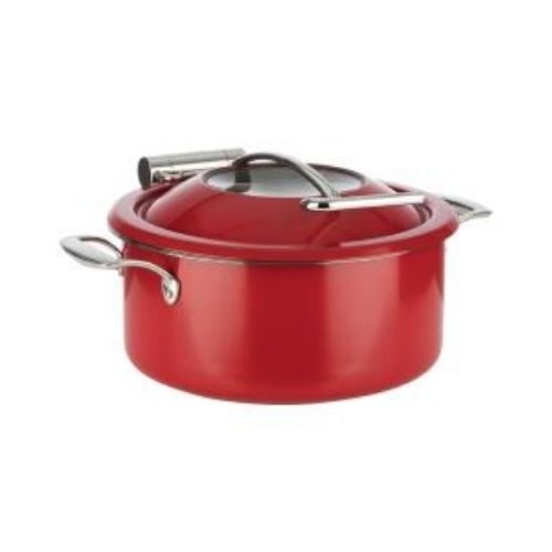 APS Stainless Steel Round Induction Chafing Dish With Glass Lid 8L & Food Pan 4L, Ø30.5xH17.5cm, Red, Orbit